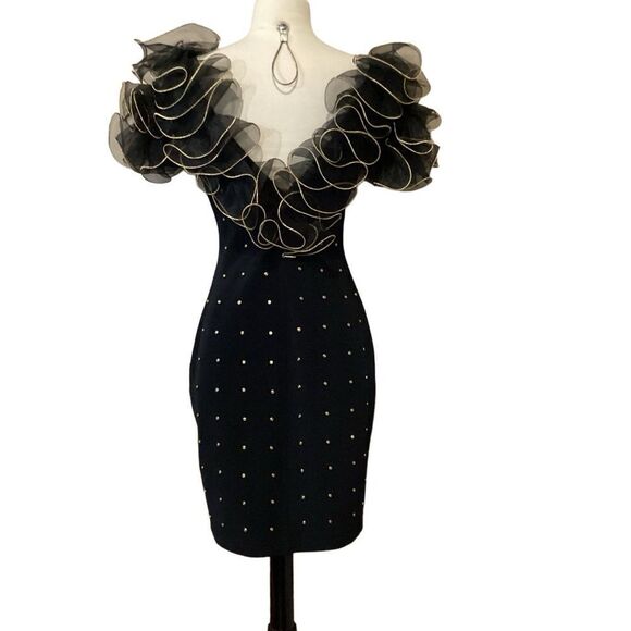Tadashi Shoji Silk Puff Sleeve Black Body Con Party Dress Vintage ‘90s sz S - Picture 6 of 9